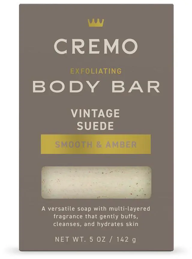 Main image of Cremo Exfoliating Body Bar Soap for Men, Vintage Suede Scent, 5 oz | Cleansing mens soap, Buffs and polishes skin, Revitalizing formula, White moss and rich amber scent, Notes of smooth suede