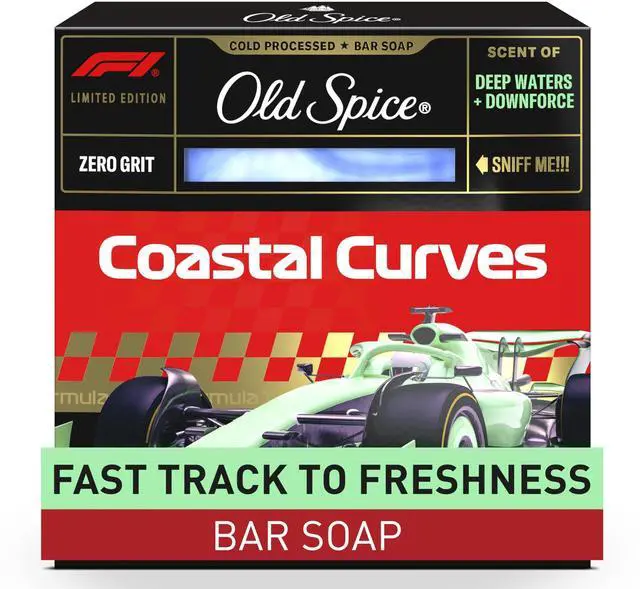 Main image of Old Spice Bar Soap for Men, F1 Collection, Cold Pressed with Zero Grit, Fast Track to Freshness, Made with Natural Oils & Plant Based Cleanser, Coastal Curves with Deep Waters & Downforce Scent, 5 oz