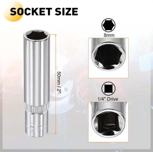 Alt view image 2 of 7 - Deep 6-Point Impact Socket 1/4" Drive 8mm Metric Socket 50mm (2") Long with 1/4" Hex Shank Adapter, CR-V Steel Socket Adapter Accessory Tool Set Kit for Hex Bolts Nuts