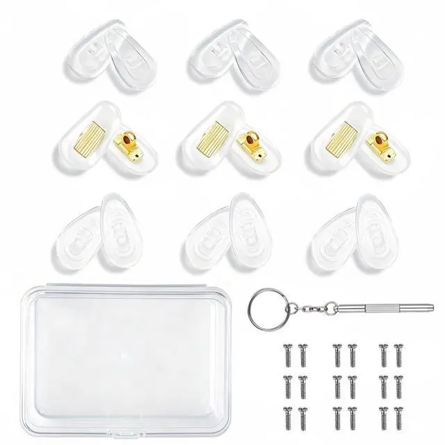 Main image of 9 Pairs Screw-in Silicone Eyeglass Nose Pads, Glasses Repair Kit | Includes 13, 14 and 15mm soft silicone pads, screws and screwdriver; anti-slip air chamber design for glasses and sunglasses