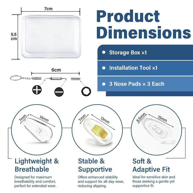 Alt view image 2 of 6 - 9 Pairs Screw-in Silicone Eyeglass Nose Pads, Glasses Repair Kit | Includes 13, 14 and 15mm soft silicone pads, screws and screwdriver; anti-slip air chamber design for glasses and sunglasses