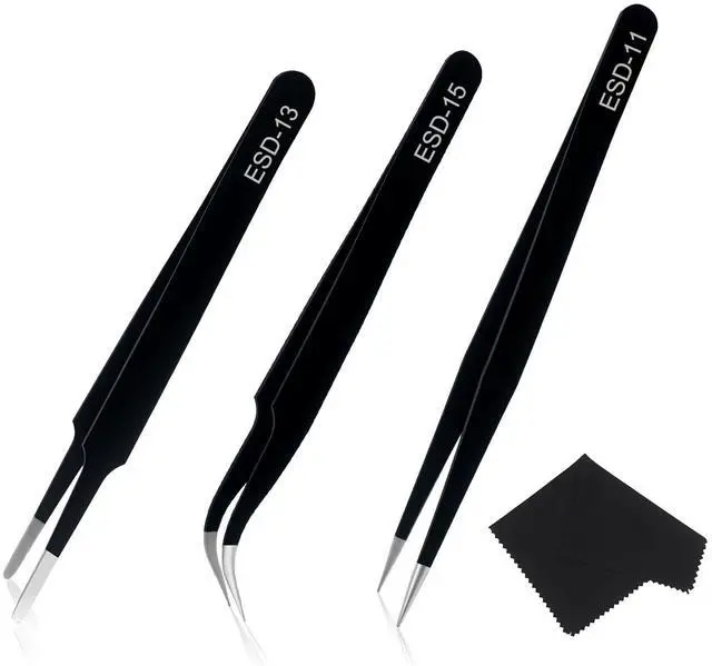 Main image of Precision Tweezers Set, 3 Pcs Upgraded Stainless Steel Anti-Static ESD Tweezers with Cleaning Cloth, for Craft, Electronic, Soldering, Model, Hobby, Jewelry Making, Laboratory Work, DIY