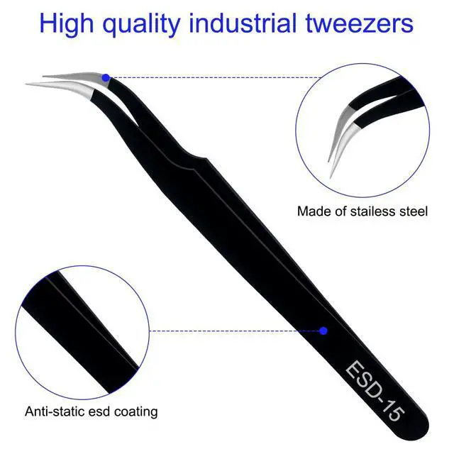 Alt view image 3 of 7 - Precision Tweezers Set, 3 Pcs Upgraded Stainless Steel Anti-Static ESD Tweezers with Cleaning Cloth, for Craft, Electronic, Soldering, Model, Hobby, Jewelry Making, Laboratory Work, DIY