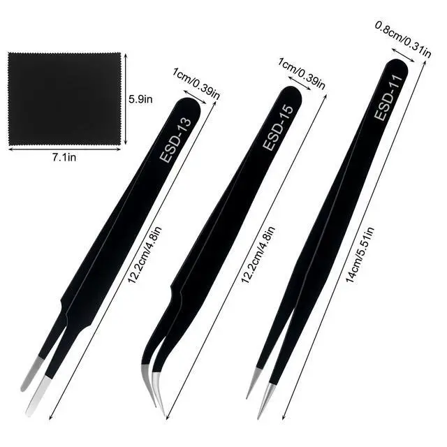 Alt view image 2 of 7 - Precision Tweezers Set, 3 Pcs Upgraded Stainless Steel Anti-Static ESD Tweezers with Cleaning Cloth, for Craft, Electronic, Soldering, Model, Hobby, Jewelry Making, Laboratory Work, DIY