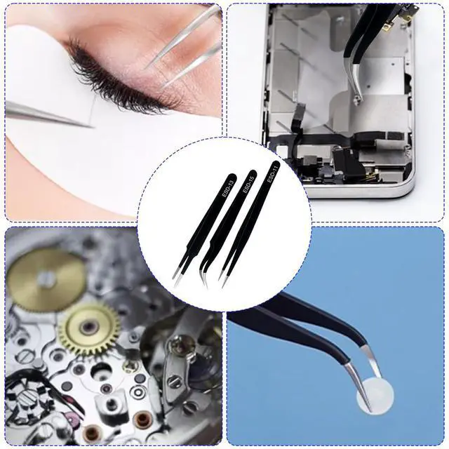 Alt view image 7 of 7 - Precision Tweezers Set, 3 Pcs Upgraded Stainless Steel Anti-Static ESD Tweezers with Cleaning Cloth, for Craft, Electronic, Soldering, Model, Hobby, Jewelry Making, Laboratory Work, DIY