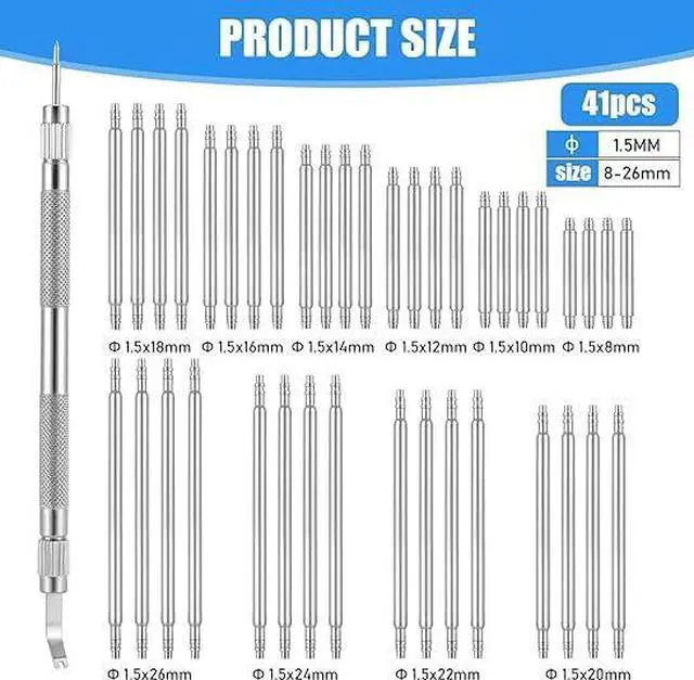 Alt view image 2 of 7 - Watch Band Repair Tool Kit, 1 Pcs, Silver | 5.31 Inch Stainless Steel Watch Pin Tool, 40pcs Spring Bars (8mm-26mm), Watch Strap Replacement Kit