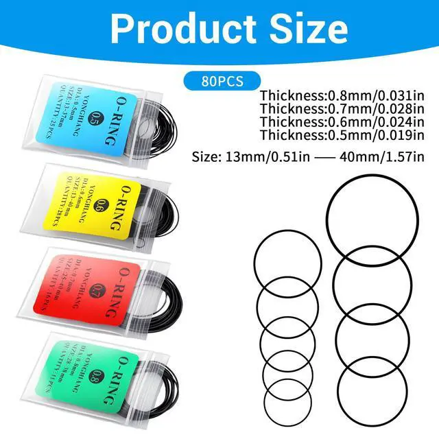 Alt view image 2 of 7 - O Ring Watch Gasket Kit, 80 Pcs 0.5x0.6x0.7x0.8mm Thickness Rubber Watch Parts, Water Resistant Seal Rings for Watches Repair