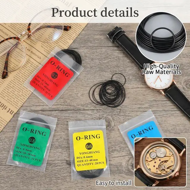 Alt view image 7 of 7 - O Ring Watch Gasket Kit, 80 Pcs 0.5x0.6x0.7x0.8mm Thickness Rubber Watch Parts, Water Resistant Seal Rings for Watches Repair