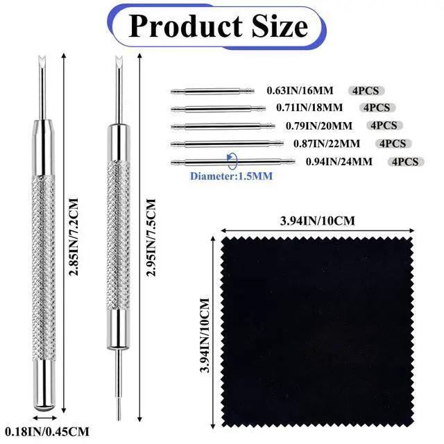 Alt view image 2 of 7 - Band Pins Kit, Heavy Duty Watch Bands Spring Bars Pins Replacement, Stainless Steel Watches Strap Pins Adjustment Tool , Link Removal Kit with 20PCS Spring Bars (16mm-24mm) and Cleaning Cloth