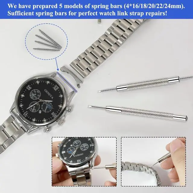 Alt view image 6 of 7 - Band Pins Kit, Heavy Duty Watch Bands Spring Bars Pins Replacement, Stainless Steel Watches Strap Pins Adjustment Tool , Link Removal Kit with 20PCS Spring Bars (16mm-24mm) and Cleaning Cloth