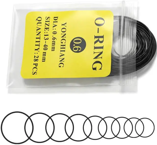 Main image of 28Pcs Watch Gasket, 0.6mm Watch Rubber Seal O-Ring Kit Assorted | Black rubber, 0.6mm thickness, 13-40mm assorted diameters, waterproof sealing, watch back cover repair and replacement.