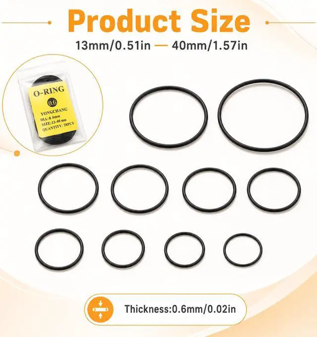 Alt view image 2 of 7 - 28Pcs Watch Gasket, 0.6mm Watch Rubber Seal O-Ring Kit Assorted | Black rubber, 0.6mm thickness, 13-40mm assorted diameters, waterproof sealing, watch back cover repair and replacement.