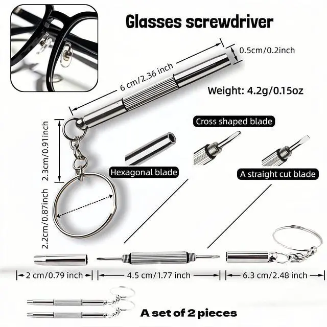 Alt view image 2 of 7 - Glasses Repair Kit, 2-Pack 3-in-1 Precision Screwdriver Set with Keychain, Mini Stainless Steel Screwdriver Tool for Eyeglasses, Sunglasses, Phone, Watch, Laptop, and Jewelry (Flathead, Phillips, Hex)