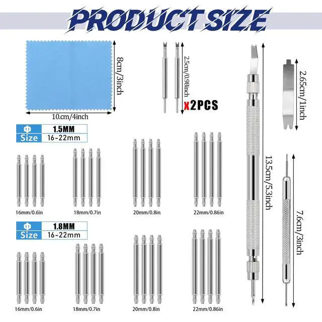 Alt view image 2 of 7 - 39PCS Watch Pins Replacement Kit, Watch Band Pins Repair Tool with Spring Bar, 18/20/22/24mm Stainless Steel Watches Pin for Watches Band Repair