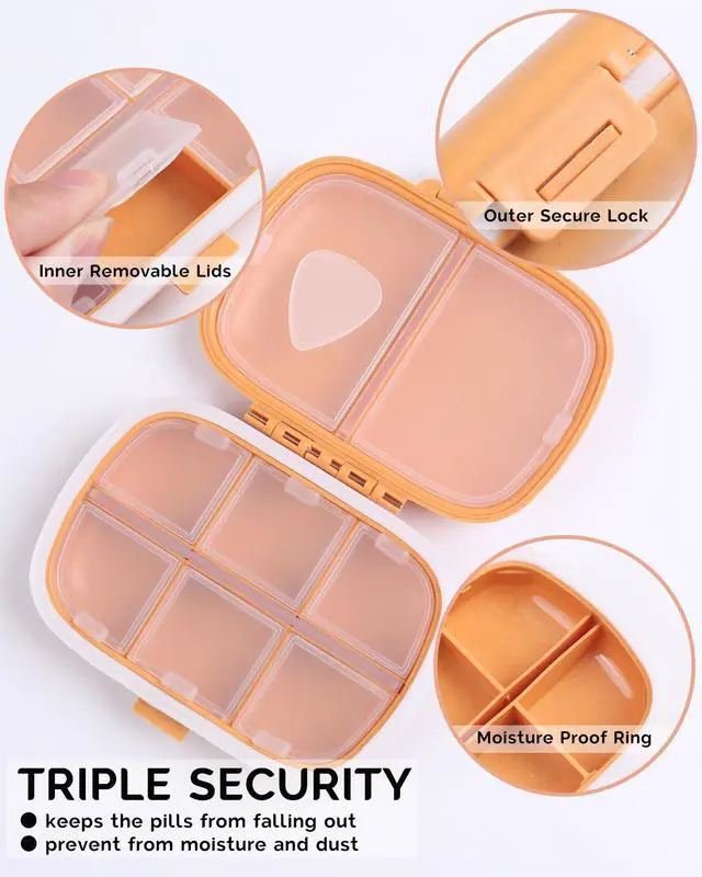 Alt view image 3 of 6 - 8 Compartments Travel Pill Organizer Box Moisture Proof Small Pill Case for Pocket Purse Daily Pill Holder Container for Medicine Vitamin (Dark Blue & Yellow, 2 Pack)