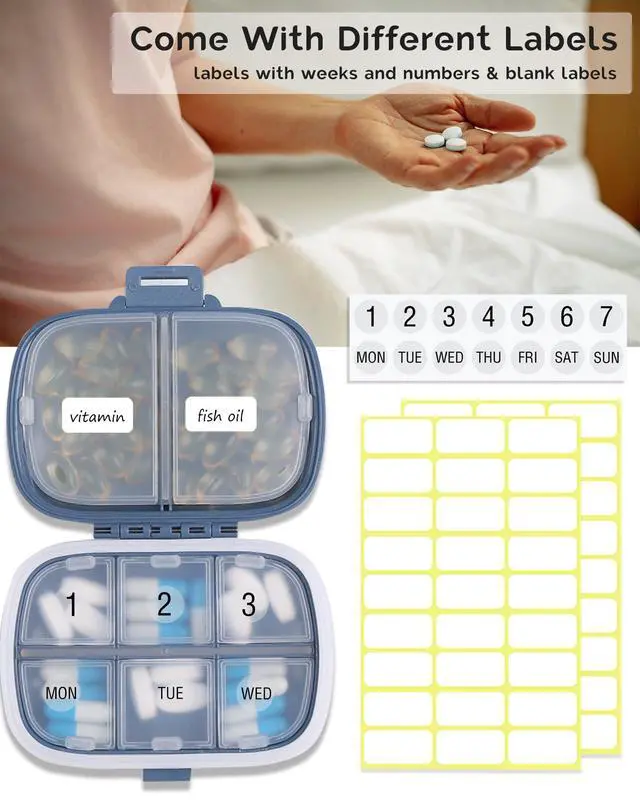 Alt view image 4 of 6 - 8 Compartments Travel Pill Organizer Box Moisture Proof Small Pill Case for Pocket Purse Daily Pill Holder Container for Medicine Vitamin (Dark Blue & Yellow, 2 Pack)
