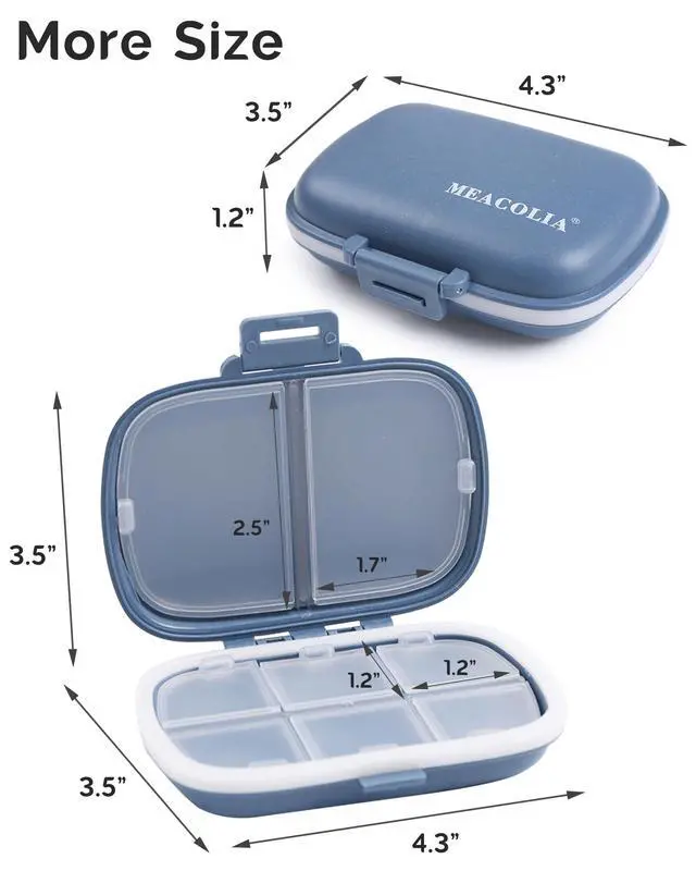 Alt view image 5 of 6 - 8 Compartments Travel Pill Organizer Box Moisture Proof Small Pill Case for Pocket Purse Daily Pill Holder Container for Medicine Vitamin (Dark Blue & Yellow, 2 Pack)