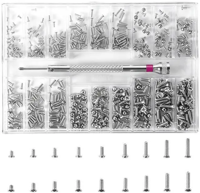Main image of 500-Pack Phillips Micro Self Tapping Screws Kit with Screwdriver | Stainless Steel Micro Self-Tapping Screws, 18 Assorted Sizes with Screwdriver for Eyeglasses, Watches & Small Electronics