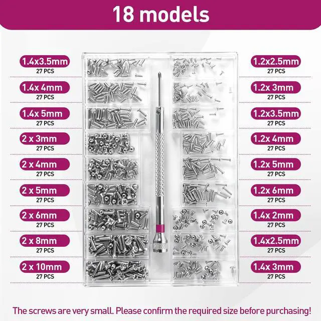 Alt view image 2 of 7 - 500-Pack Phillips Micro Self Tapping Screws Kit with Screwdriver | Stainless Steel Micro Self-Tapping Screws, 18 Assorted Sizes with Screwdriver for Eyeglasses, Watches & Small Electronics