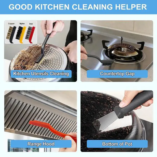 Alt view image 4 of 7 - 12Pcs Crevice Cleaning Brush Set, Hard Bristle Multi-Purpose Household Cleaning Tools for Kitchen Bathroom Tile Grout Window Track, Bamboo Pot Brush + Copper Wire Brush + Scraper
