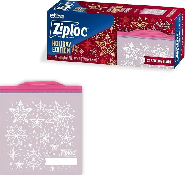 Main image of Quart Food Storage Bags, Grip 'n Seal Technology for Easier Grip, Open, and Close, 24 Count, Holiday Designs
