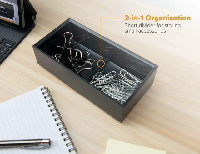 Alt view image 3 of 7 - Konnect Wide Accessory Tray, Desk Organizer, Storage, Black | A short built-in divider splits this open-top bin into two sections, and it stacks with other pieces in the same system.