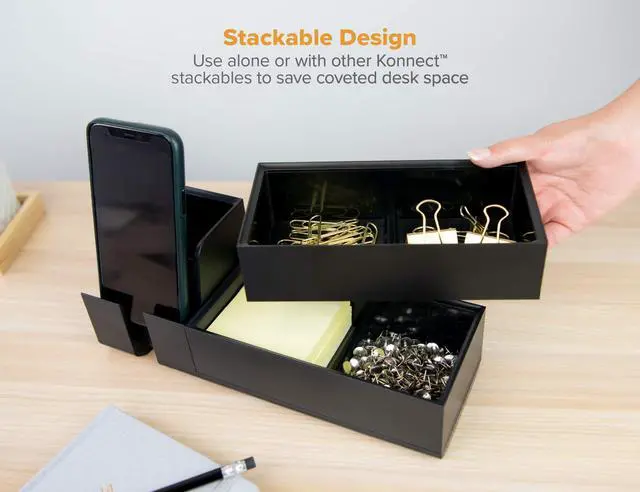 Alt view image 4 of 7 - Konnect Wide Accessory Tray, Desk Organizer, Storage, Black | A short built-in divider splits this open-top bin into two sections, and it stacks with other pieces in the same system.