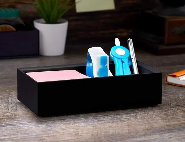 Alt view image 5 of 7 - Konnect Wide Accessory Tray, Desk Organizer, Storage, Black | A short built-in divider splits this open-top bin into two sections, and it stacks with other pieces in the same system.