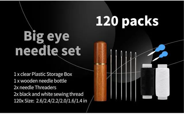 Alt view image 2 of 7 - 120-Pack Large Eye Needles (6 Sizes) with Premium Wooden Case, Storage Box, 2 Threaders, Black & White Thread - Complete Adult Sewing Supplies for Mending & Crafts