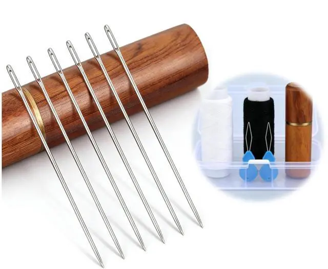 Main image of 120-Pack Large Eye Needles (6 Sizes) with Premium Wooden Case, Storage Box, 2 Threaders, Black & White Thread - Complete Adult Sewing Supplies for Mending & Crafts