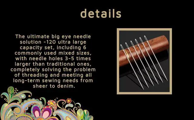 Alt view image 3 of 7 - 120-Pack Large Eye Needles (6 Sizes) with Premium Wooden Case, Storage Box, 2 Threaders, Black & White Thread - Complete Adult Sewing Supplies for Mending & Crafts