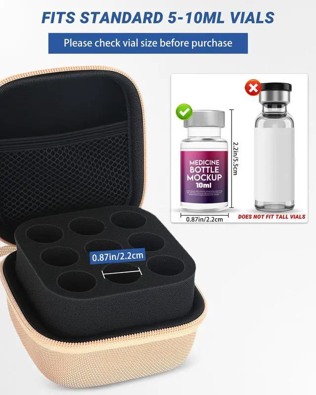 Alt view image 5 of 6 - 9 Slots 10ml Peptide Case, Vial Holder, Vial Case for Fridge and Travel, Fits 5ml10ml Standard Vials, Diabetic Supplies (Case Only, Gold)