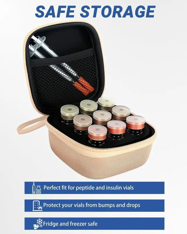 Alt view image 6 of 6 - 9 Slots 10ml Peptide Case, Vial Holder, Vial Case for Fridge and Travel, Fits 5ml10ml Standard Vials, Diabetic Supplies (Case Only, Gold)