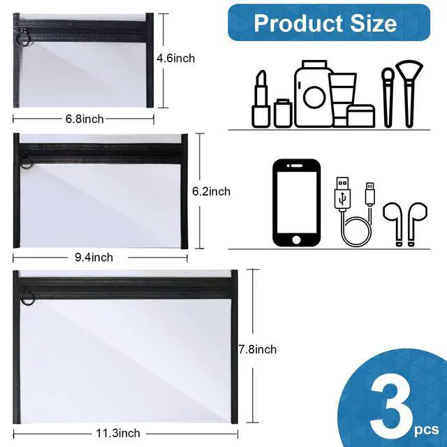 Alt view image 3 of 7 - Clear Toiletry Bags with Loop Zipper, 3 Assorted Sizes PVC Cosmetic Pouches, Large Medium Small Travel Makeup Storage Organizer for Men Women