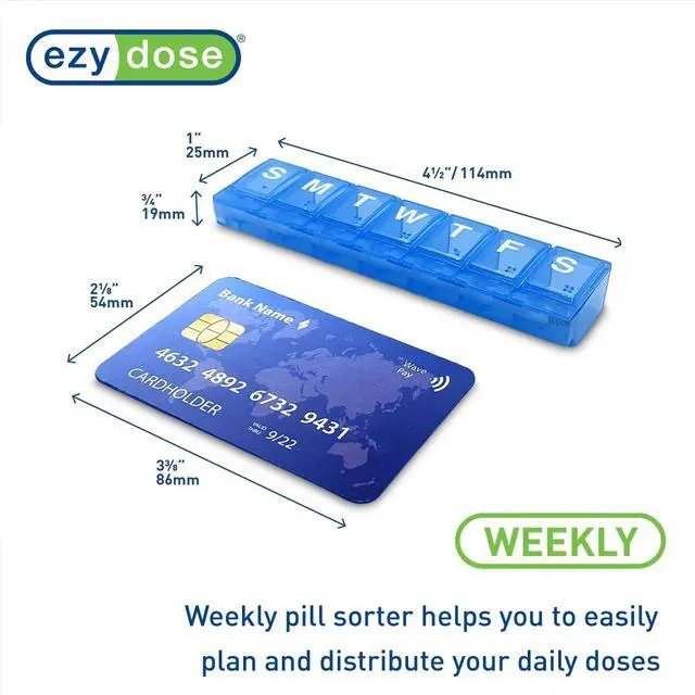Alt view image 2 of 5 - EZY DOSE Weekly (7-Day) Pill Planner, Medicine Case, Vitamin Organizer Box, Small Locking Compartments to Secure Prescription Medication and Prevent Accidental Spilling, Blue