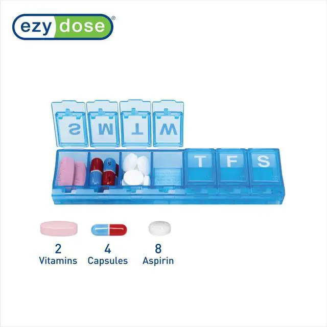 Alt view image 3 of 5 - EZY DOSE Weekly (7-Day) Pill Planner, Medicine Case, Vitamin Organizer Box, Small Locking Compartments to Secure Prescription Medication and Prevent Accidental Spilling, Blue