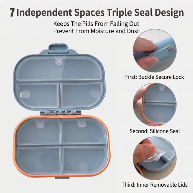 Alt view image 4 of 7 - 7 Compartments Travel Pill Organizer with 7 Day Label Stickers, Weekly Moisture Proof Purse Size Portable Travel Pill Case for Daily Medicine & Vitamin Storage (Blue)