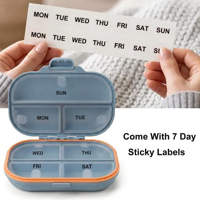 Alt view image 5 of 7 - 7 Compartments Travel Pill Organizer with 7 Day Label Stickers, Weekly Moisture Proof Purse Size Portable Travel Pill Case for Daily Medicine & Vitamin Storage (Blue)