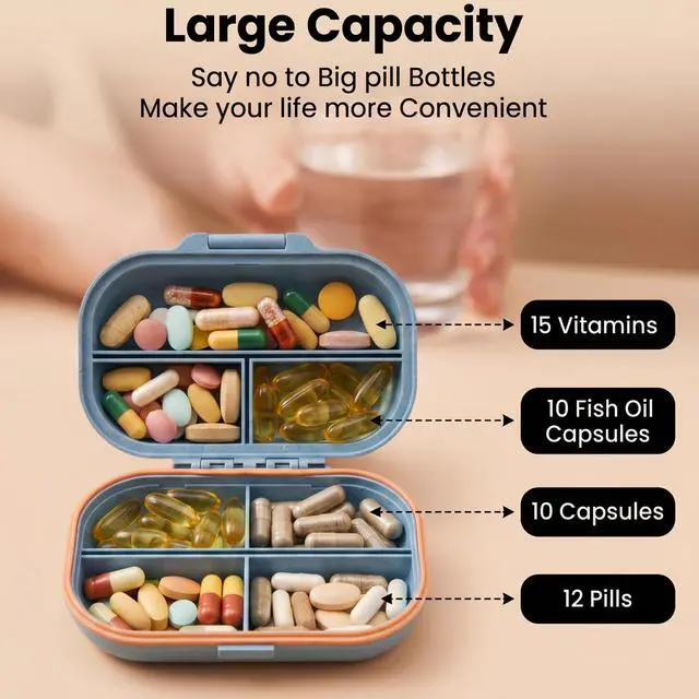Alt view image 6 of 7 - 7 Compartments Travel Pill Organizer with 7 Day Label Stickers, Weekly Moisture Proof Purse Size Portable Travel Pill Case for Daily Medicine & Vitamin Storage (Blue)