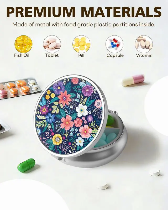 Alt view image 3 of 7 - Pill Case, 3 Compartment Portable Travel Pill Box, Pillbox Organizer | Cute Small Medicine Storage Container, Purse Accessories for Women, Men, Pill Case-Flower