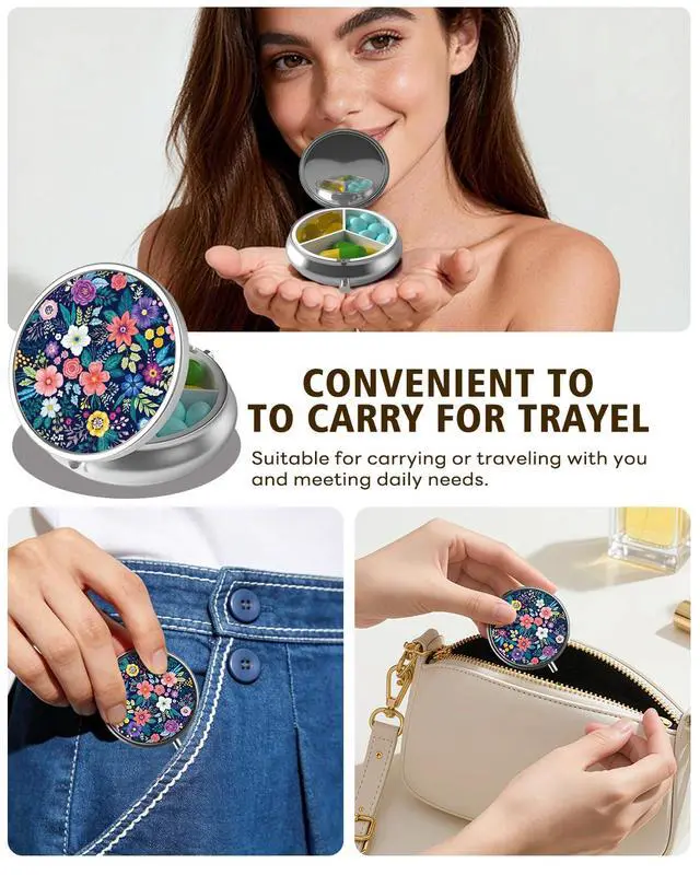 Alt view image 6 of 7 - Pill Case, 3 Compartment Portable Travel Pill Box, Pillbox Organizer | Cute Small Medicine Storage Container, Purse Accessories for Women, Men, Pill Case-Flower