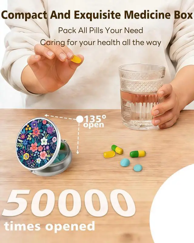 Alt view image 5 of 7 - Pill Case, 3 Compartment Portable Travel Pill Box, Pillbox Organizer | Cute Small Medicine Storage Container, Purse Accessories for Women, Men, Pill Case-Flower