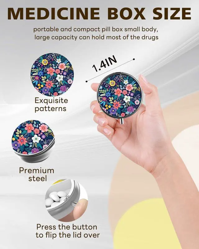 Alt view image 7 of 7 - Pill Case, 3 Compartment Portable Travel Pill Box, Pillbox Organizer | Cute Small Medicine Storage Container, Purse Accessories for Women, Men, Pill Case-Flower