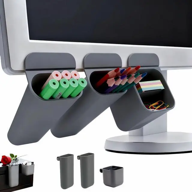 Main image of Sticky Desk Organizer, 3-Pack Monitor Side Storage with Adhesive - Multifunctional Desktop Pen Holder for Stationery, Jewelry, Remote Control - Space Saving Grey PP Material for Office & Home