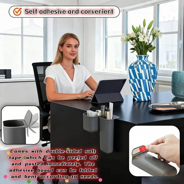 Alt view image 2 of 7 - Sticky Desk Organizer, 3-Pack Monitor Side Storage with Adhesive - Multifunctional Desktop Pen Holder for Stationery, Jewelry, Remote Control - Space Saving Grey PP Material for Office & Home