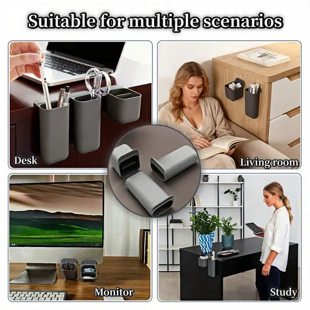 Alt view image 7 of 7 - Sticky Desk Organizer, 3-Pack Monitor Side Storage with Adhesive - Multifunctional Desktop Pen Holder for Stationery, Jewelry, Remote Control - Space Saving Grey PP Material for Office & Home