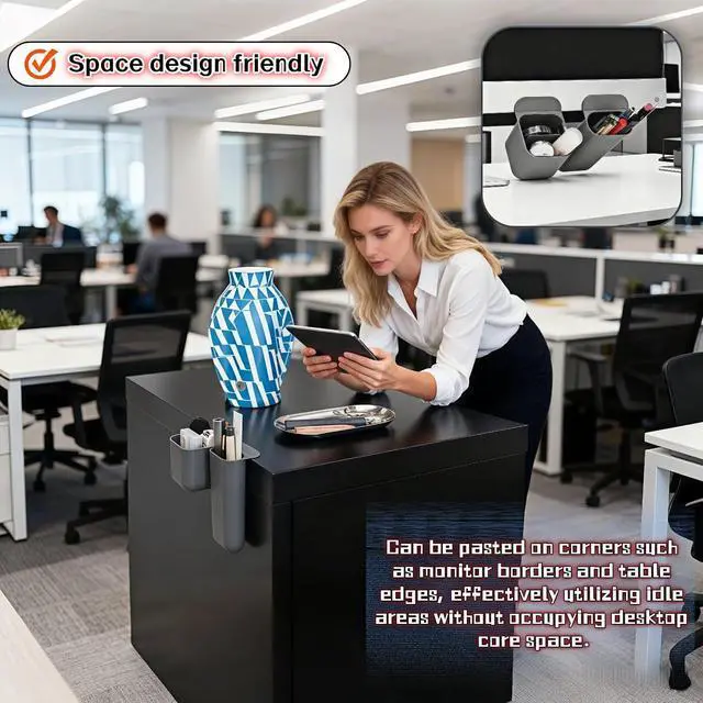 Alt view image 6 of 7 - Sticky Desk Organizer, 3-Pack Monitor Side Storage with Adhesive - Multifunctional Desktop Pen Holder for Stationery, Jewelry, Remote Control - Space Saving Grey PP Material for Office & Home