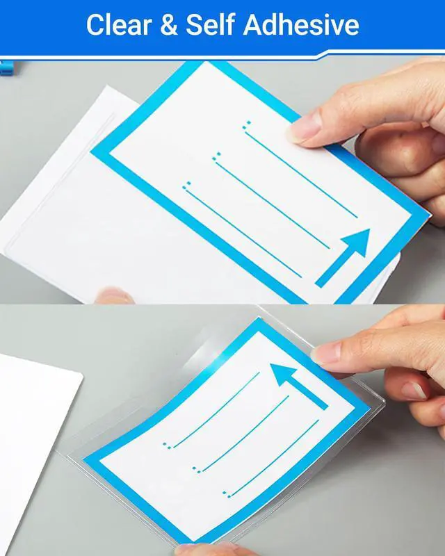 Alt view image 4 of 7 - 20 PCS Clear Self Adhesive Plastic Label Pockets, Top Loading Business & Library Index Card Holders, Peel and Stick Sleeves for Storage Bins, Totes, Binders and Drawers (0.5 x 0.85 Inch)