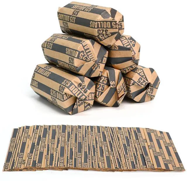 Main image of 105 Pcs Striped Flat Coin Wrappers Dollars Rolls, Black | ABA standard, heavy-duty kraft paper, easy to use, for banks, retail & offices
