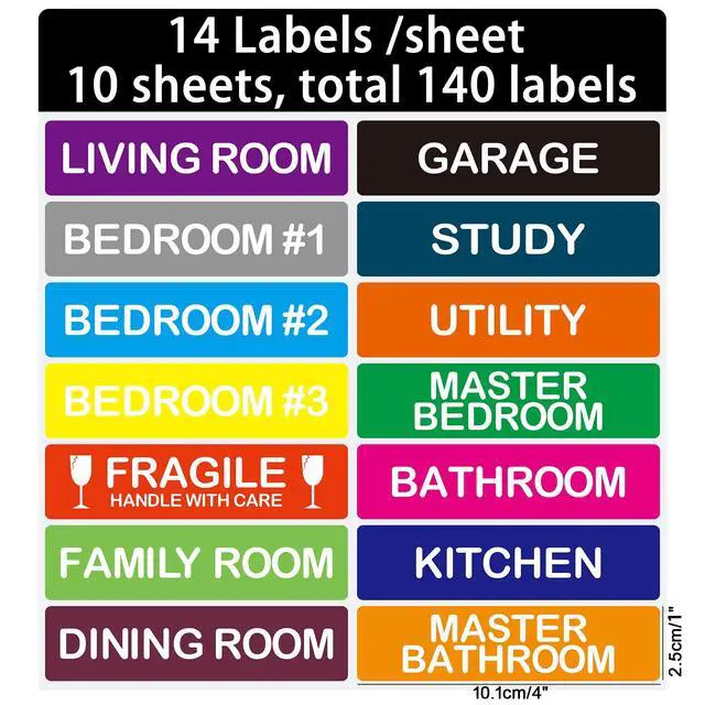 Alt view image 2 of 7 - 140 Pcs Home Moving Color Coding Labels, Livingroom, Bedroom, Kitchen, Dining Room, Bathroom Label, 14 Spaces Sticker/Sheet10 Sheets 1×4 Inch